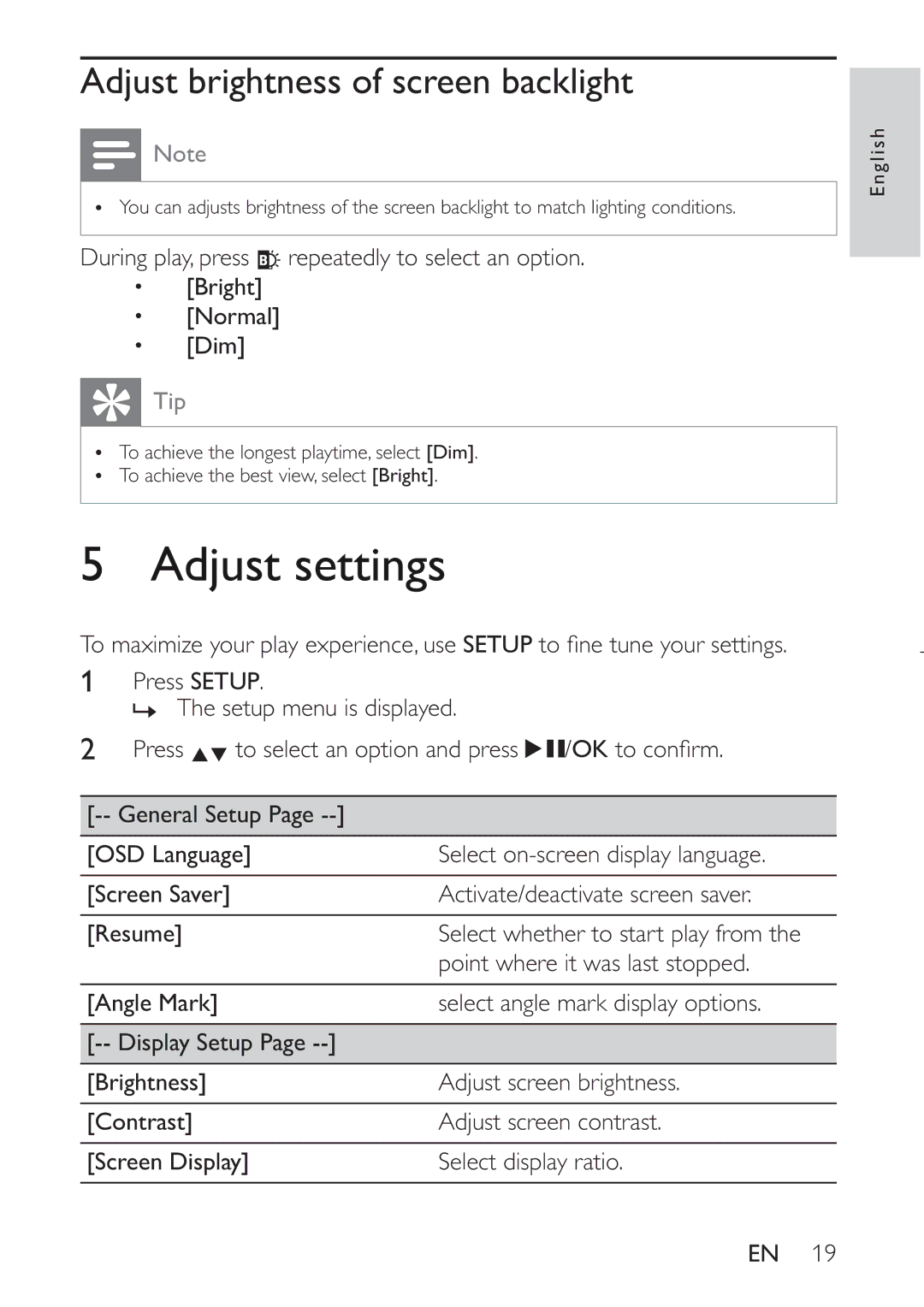 Philips PET941D user manual Adjust settings, Adjust brightness of screen backlight, OkWrFrqàup, 5HVXPH@, 6FUHHQLVSOD\@ 