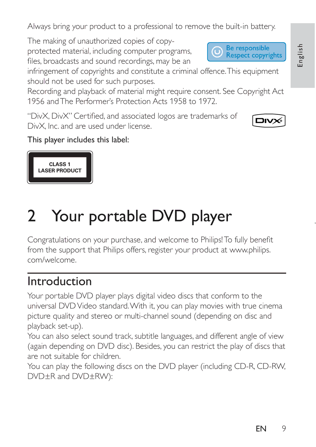 Philips PET941D user manual Your portable DVD player, Introduction, This player includes this label 