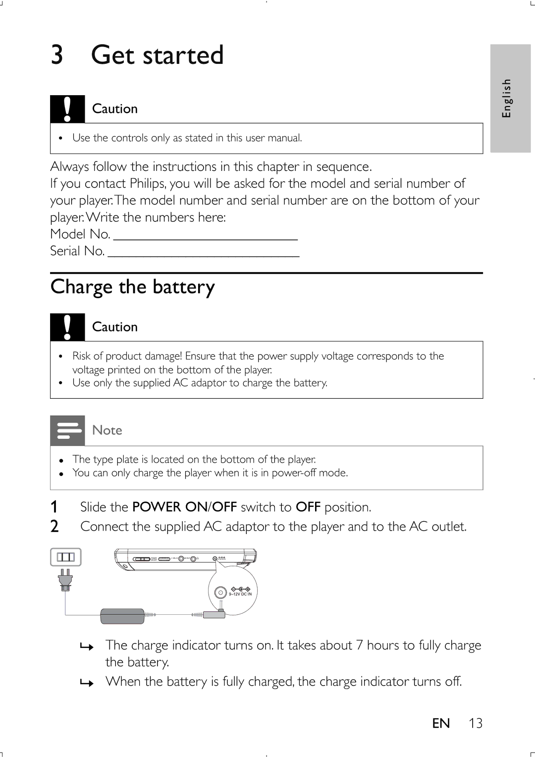 Philips PET941D user manual Get started, Charge the battery 