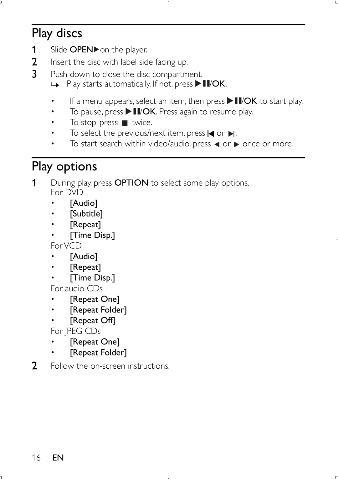 Philips PET941D user manual Play discs, Play options 