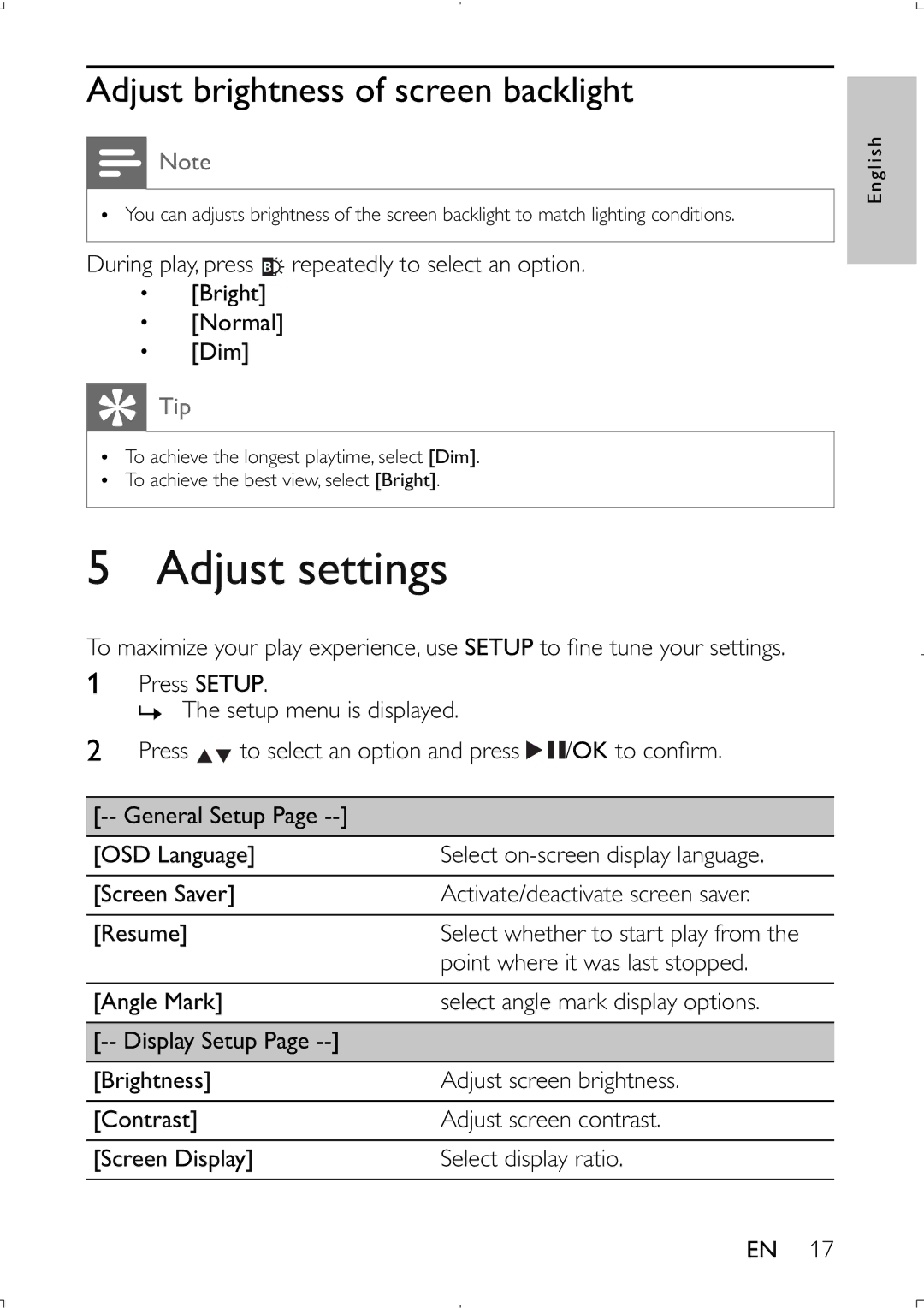 Philips PET941D user manual Adjust settings, Adjust brightness of screen backlight 