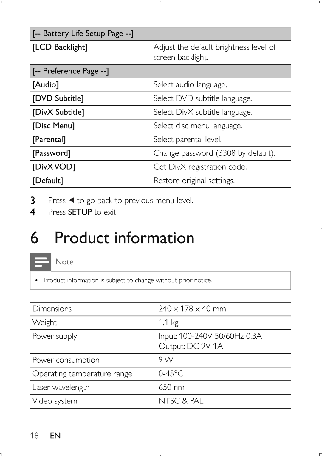 Philips PET941D user manual Product information, Ntsc & PAL 