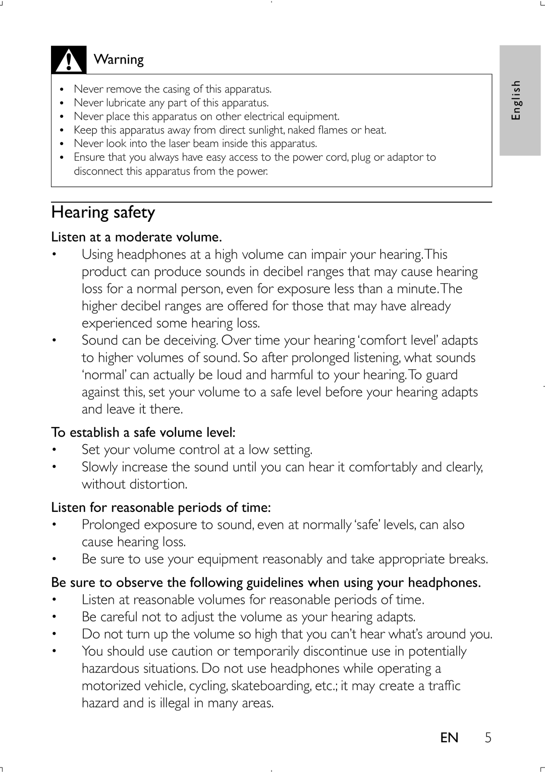 Philips PET941D user manual Hearing safety 