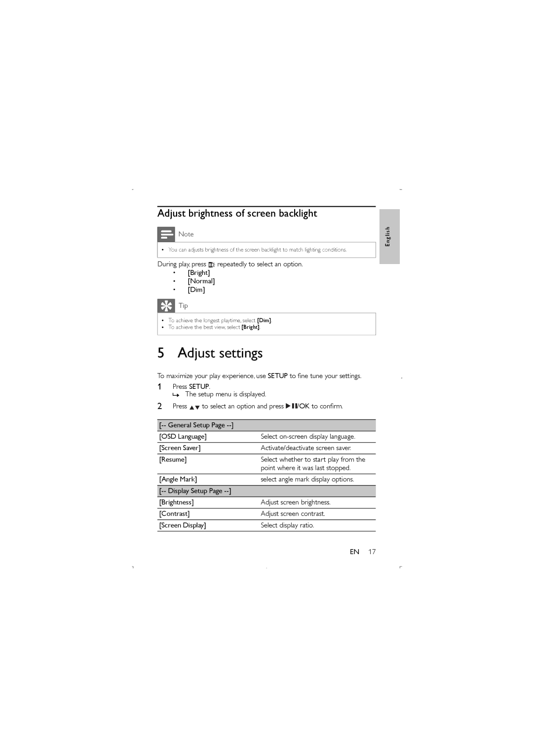 Philips PET941D/05 user manual Adjust settings, Adjust brightness of screen backlight 