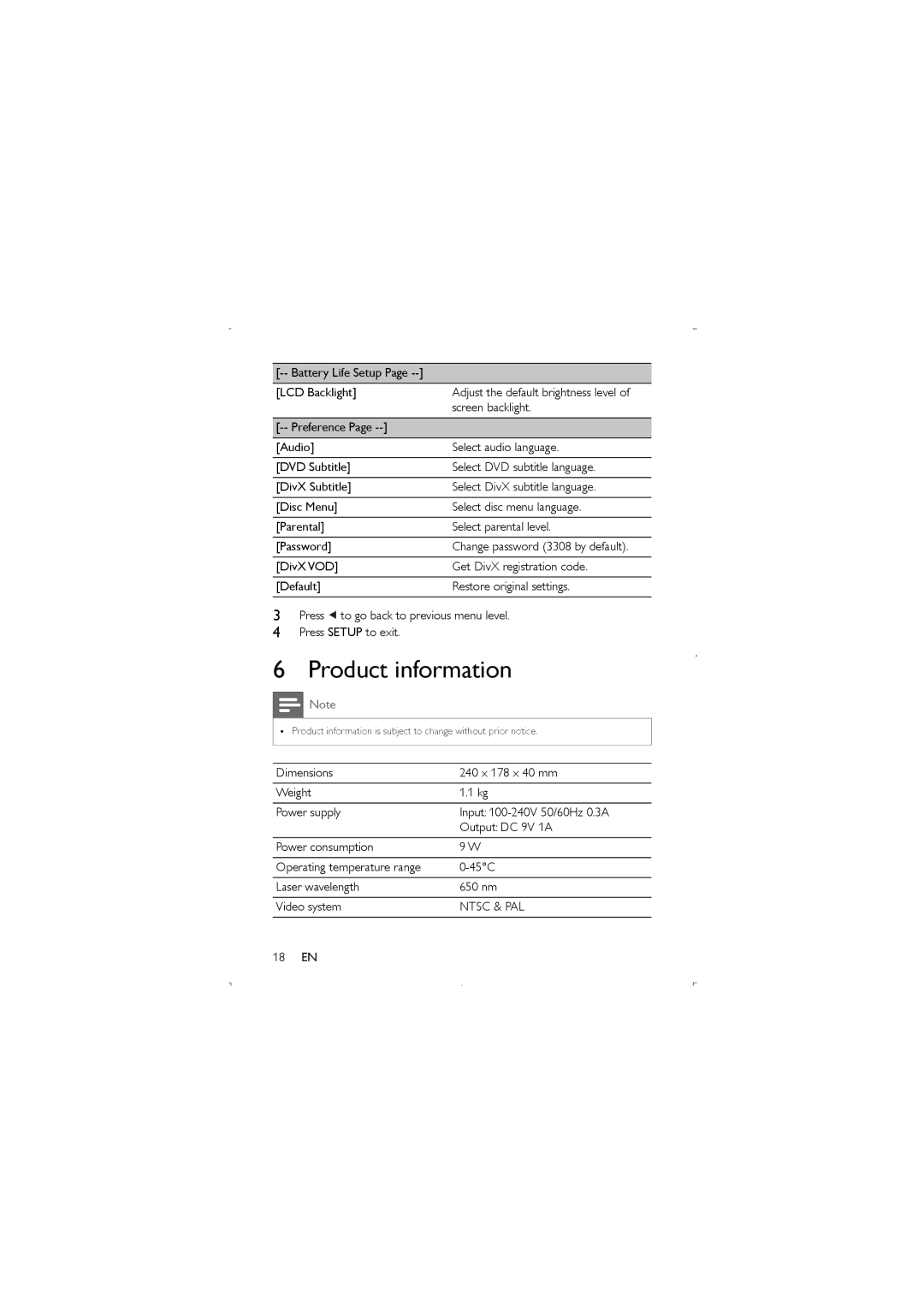 Philips PET941D/05 user manual Product information, Ntsc & PAL 