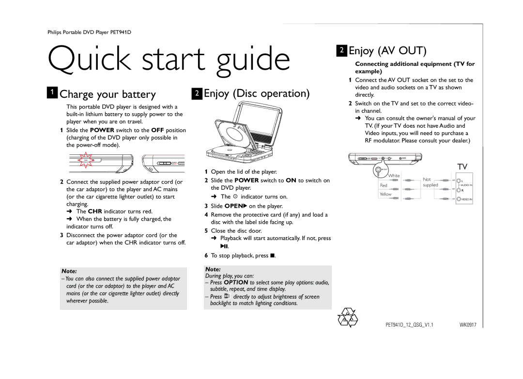 Philips PET941D/12 quick start Quick start guide, Charge your battery, Enjoy AV OUT, Directly 