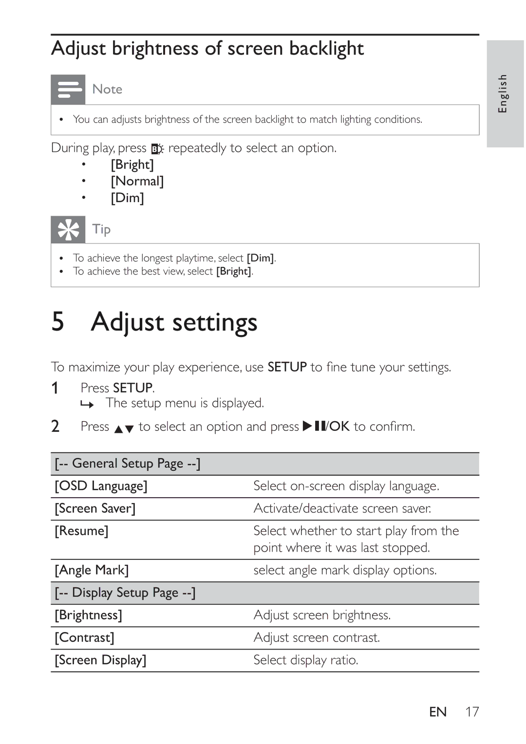 Philips PET941D/58 user manual Adjust settings, OkWrFrqàup, 5HVXPH@, 6FUHHQLVSOD\@ 