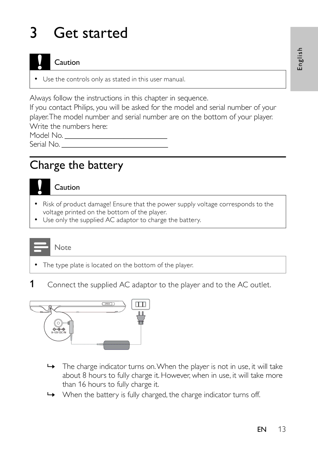 Philips PET944/12 user manual Get started, Charge the battery 