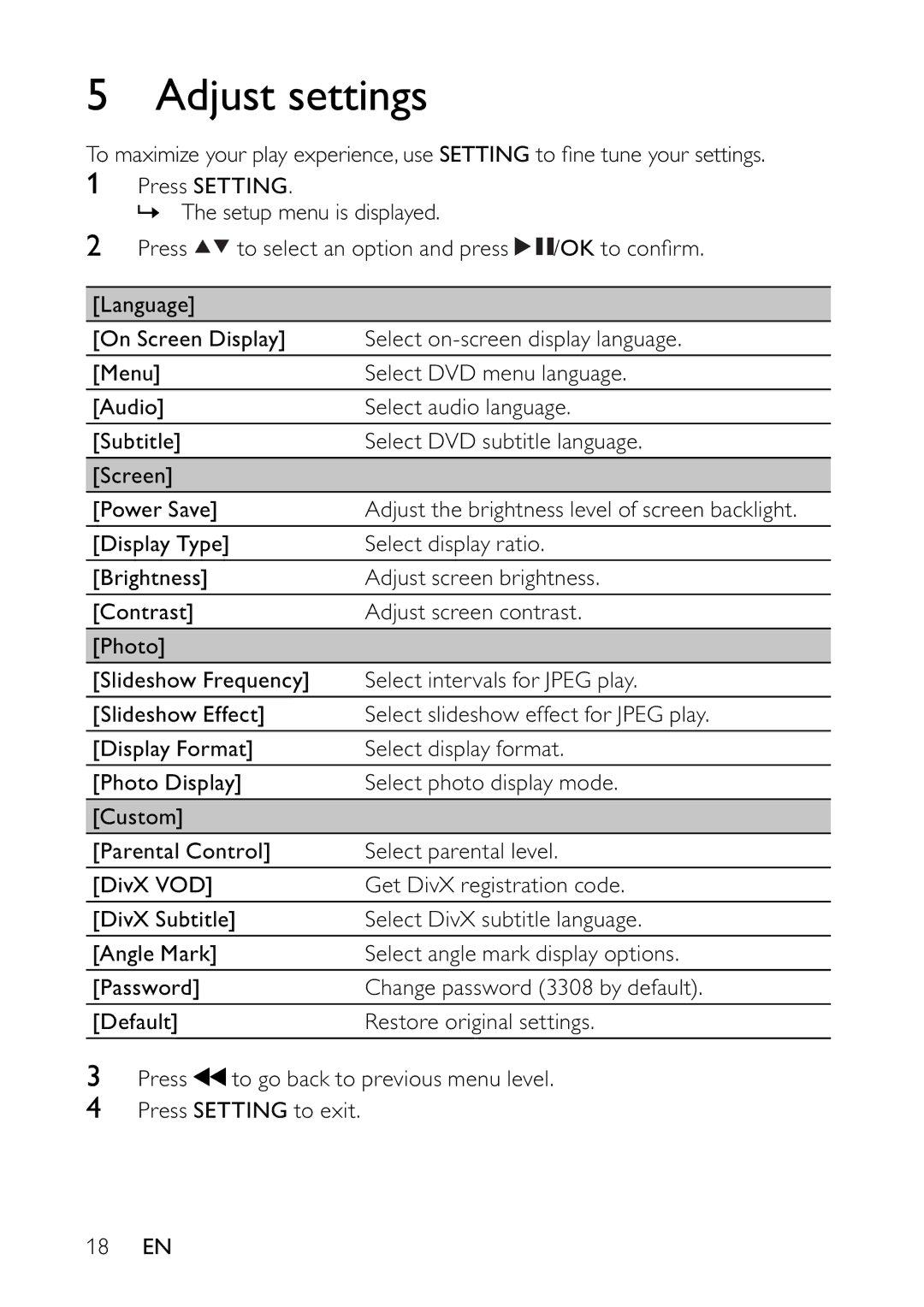 Philips PET944/12 user manual Adjust settings 