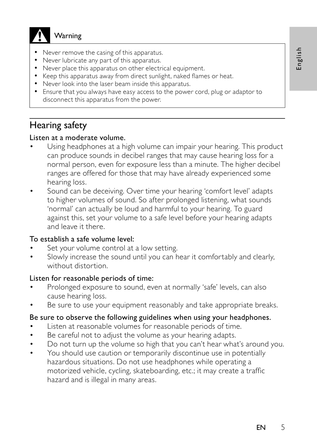 Philips PET944/12 user manual Hearing safety 