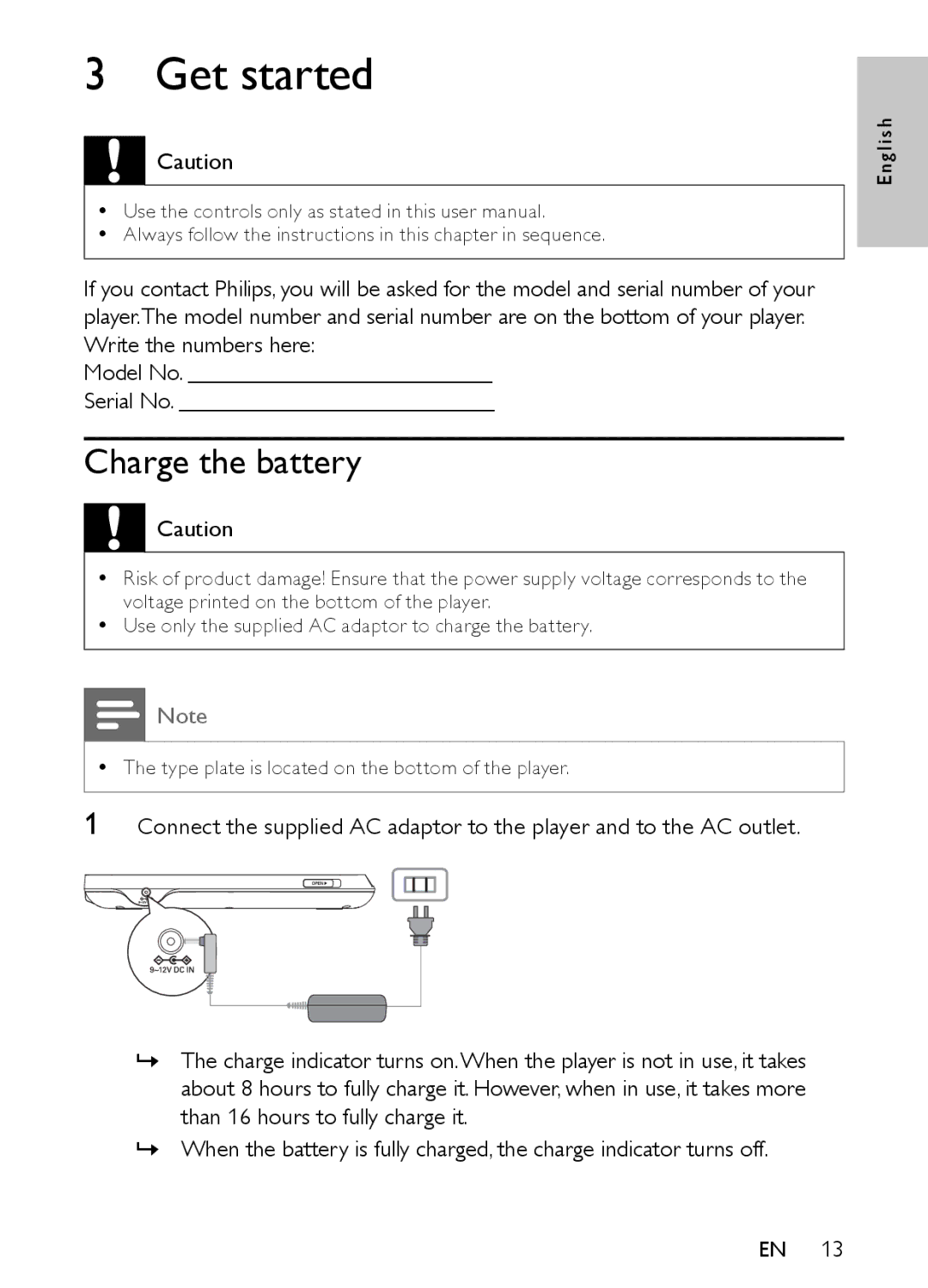 Philips PET944/93 user manual Get started, Charge the battery 