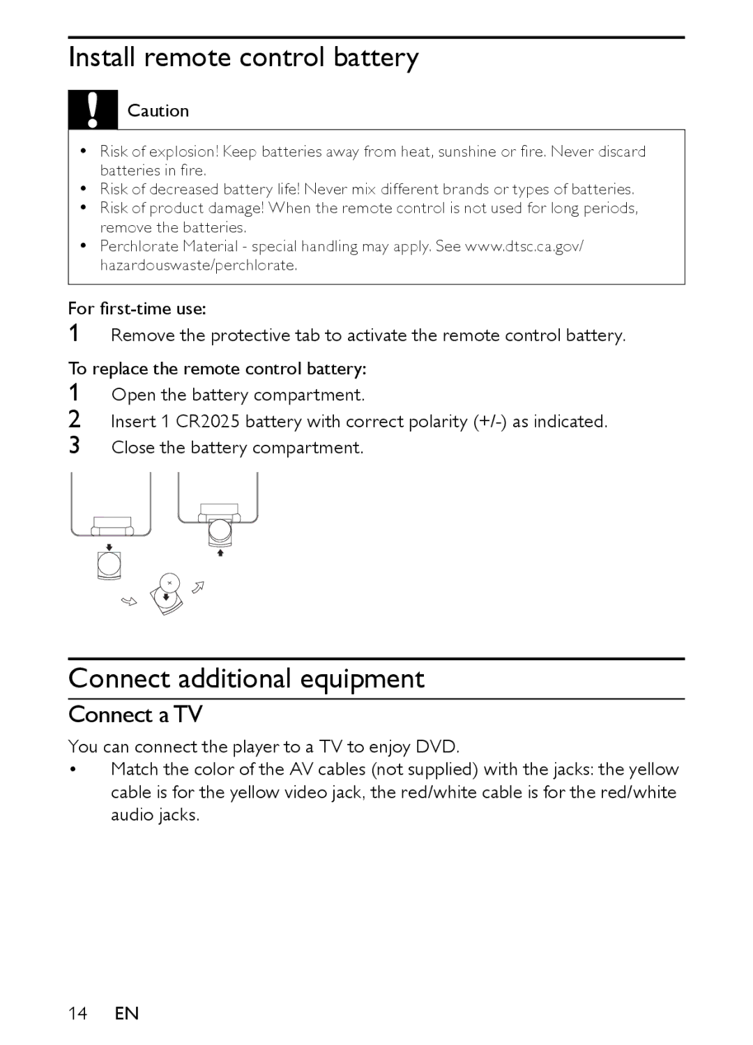 Philips PET944/93 user manual Install remote control battery, Connect additional equipment, Connect a TV 