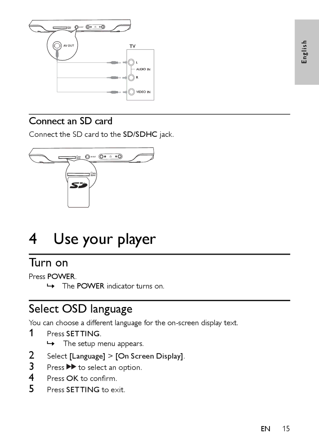 Philips PET944/93 user manual Use your player, Turn on, Select OSD language, Connect an SD card 