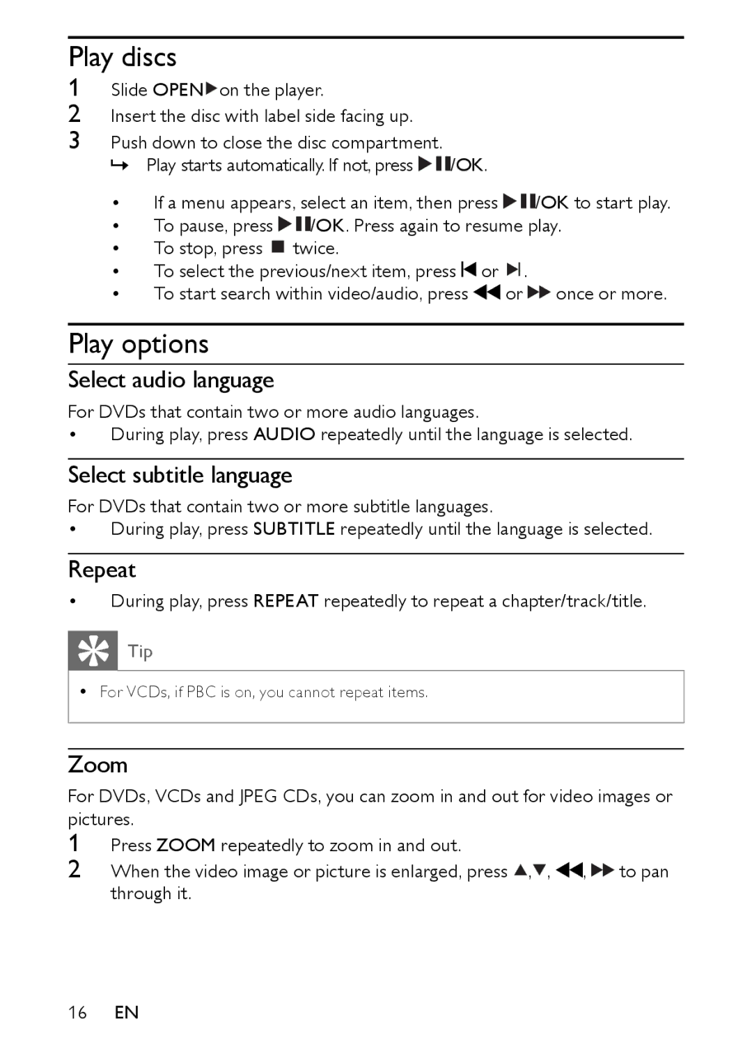 Philips PET944/93 user manual Play discs, Play options 