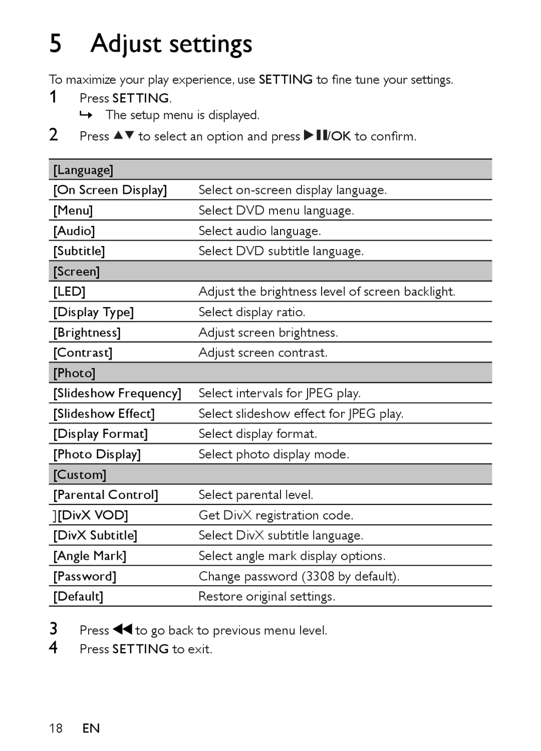 Philips PET944/93 user manual Adjust settings, Led 