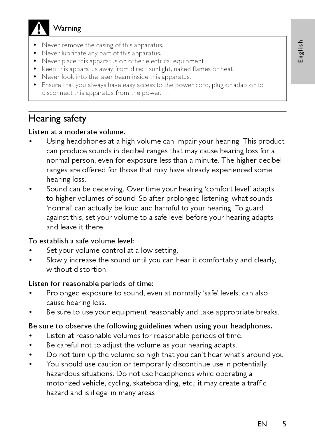 Philips PET944/93 user manual Hearing safety 