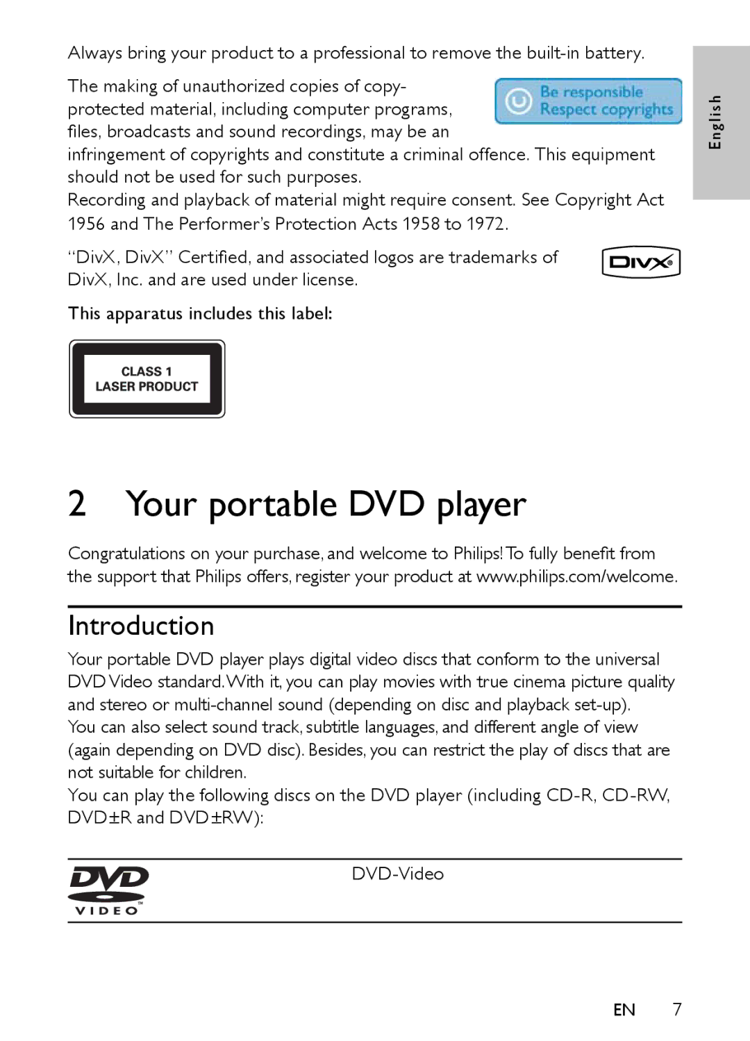 Philips PET944/93 user manual Your portable DVD player, Introduction 