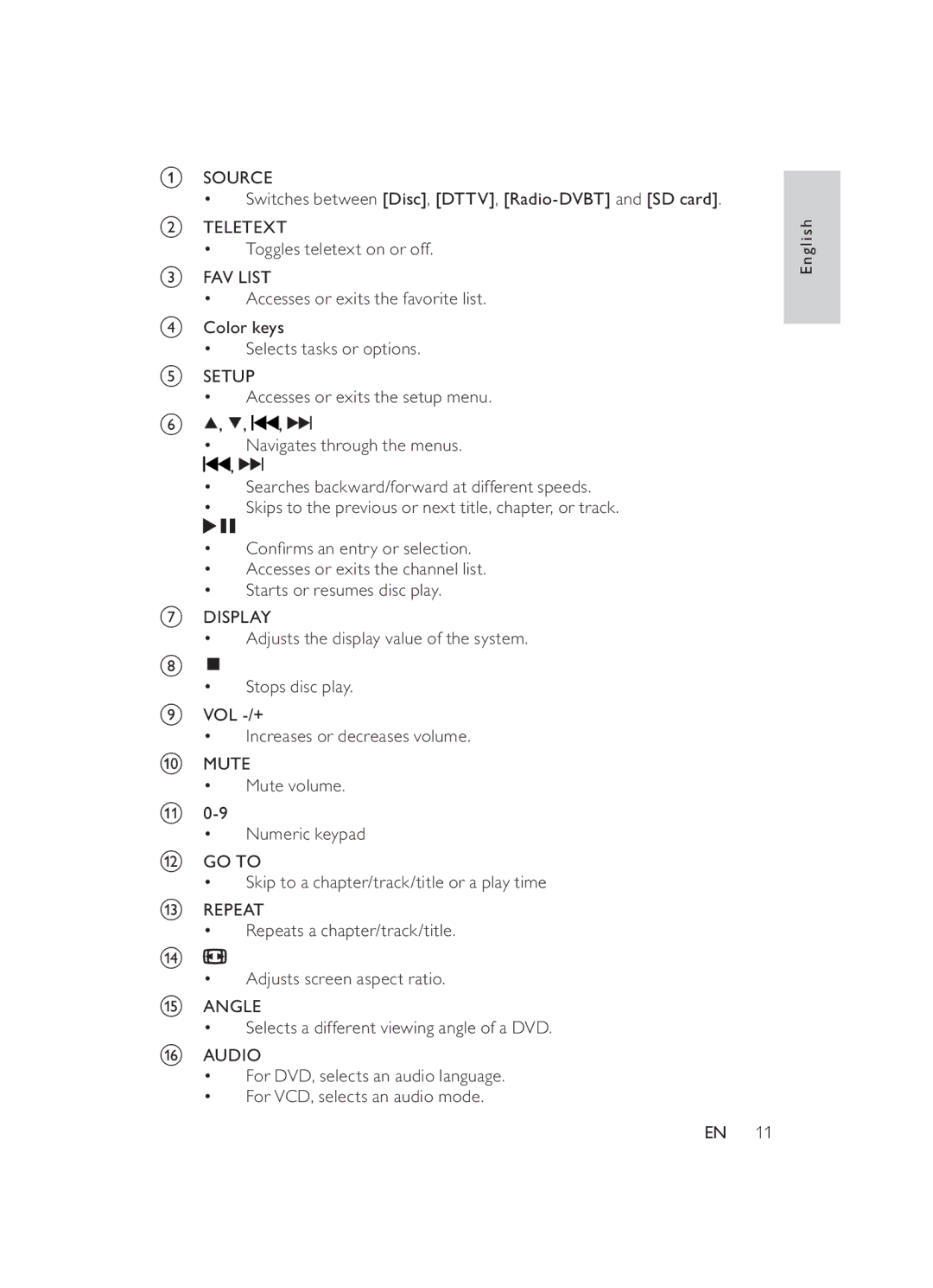 Philips PET946/12 user manual ‡ Switches between Disc, DTTV, Radio-DVBT and 6FDUG@ 