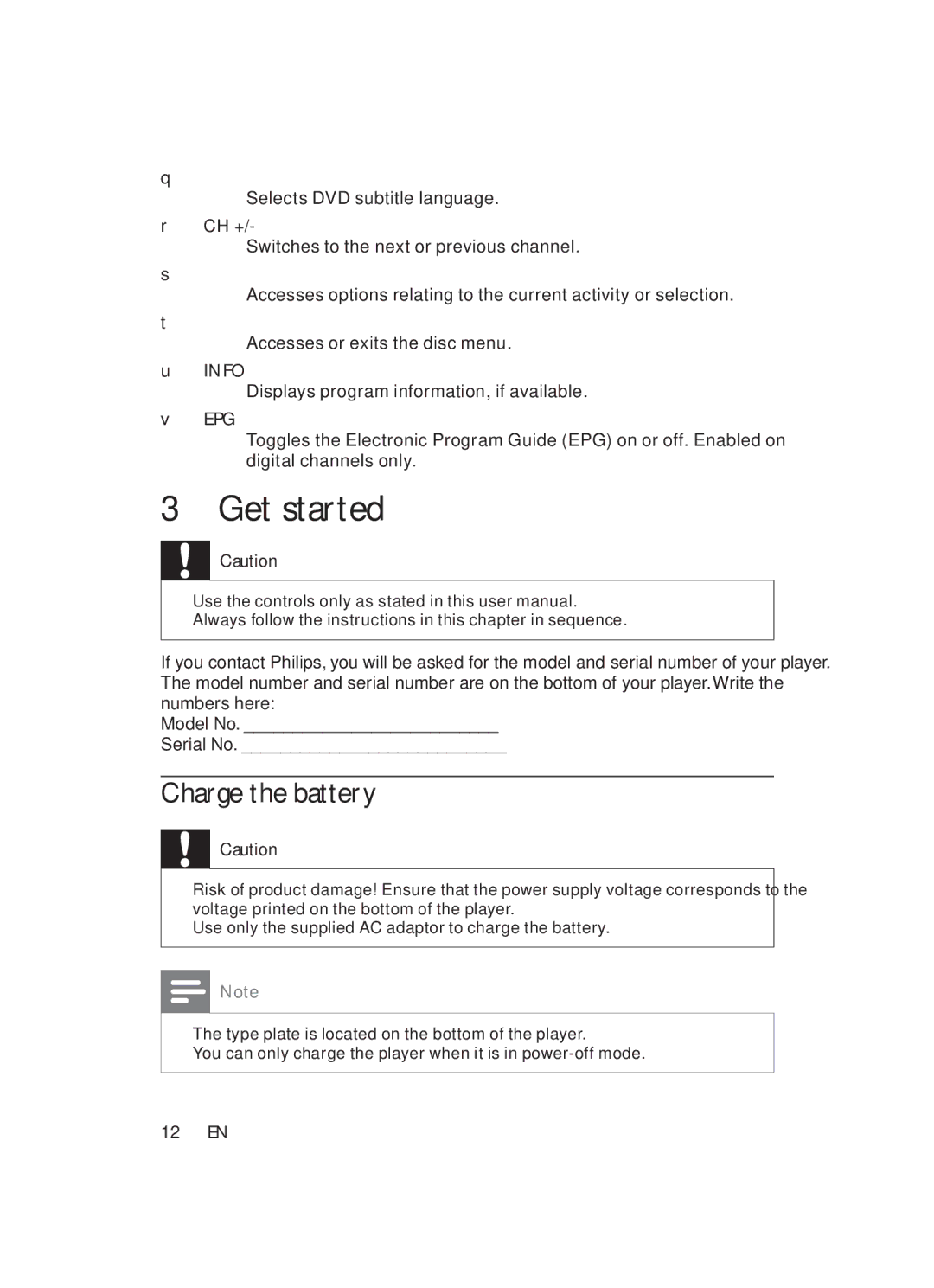 Philips PET946/12 user manual Get started, Charge the battery 