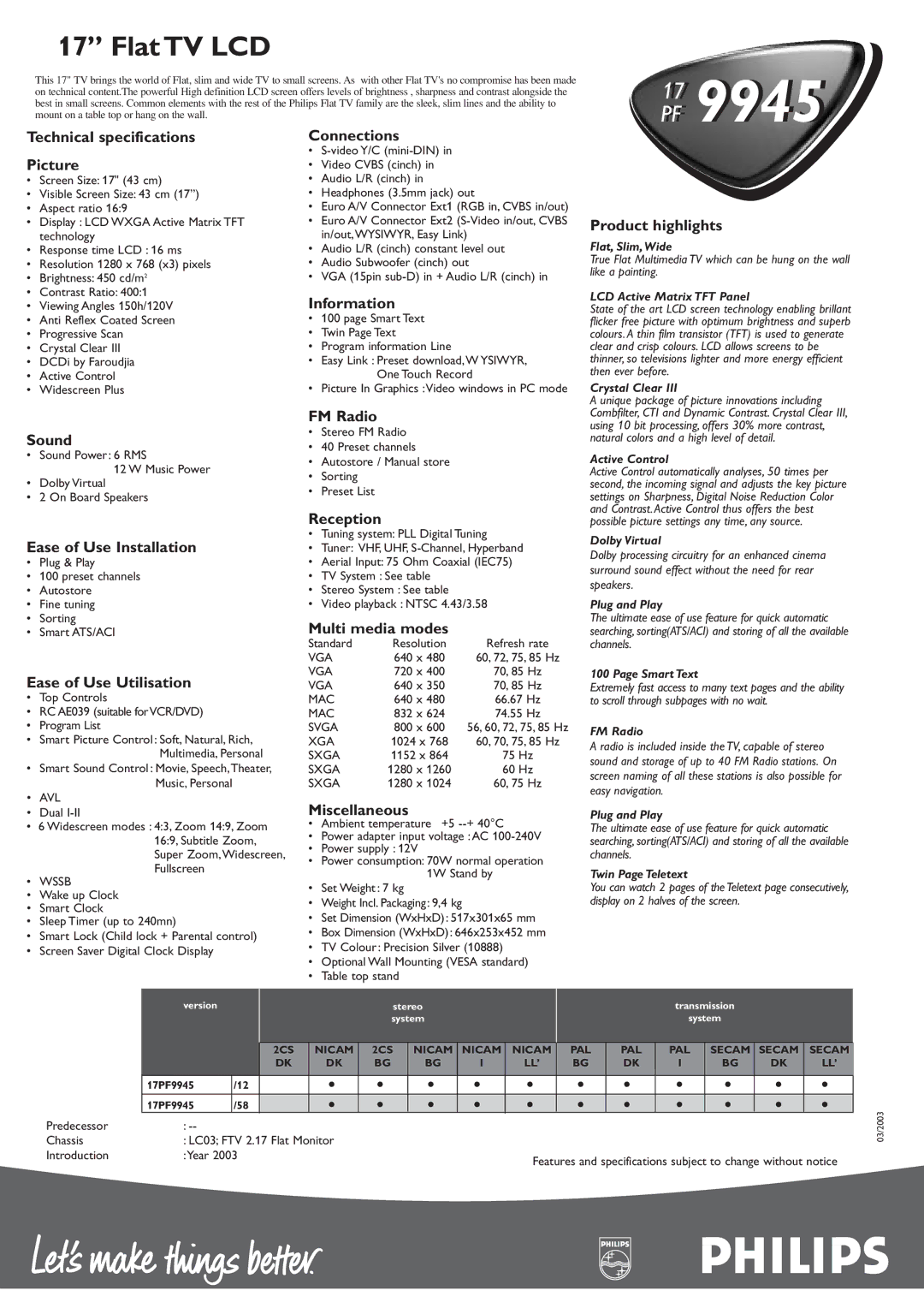 Philips PF 9945 Technical specifications Picture, Connections, Information, Product highlights, Sound, FM Radio, Reception 