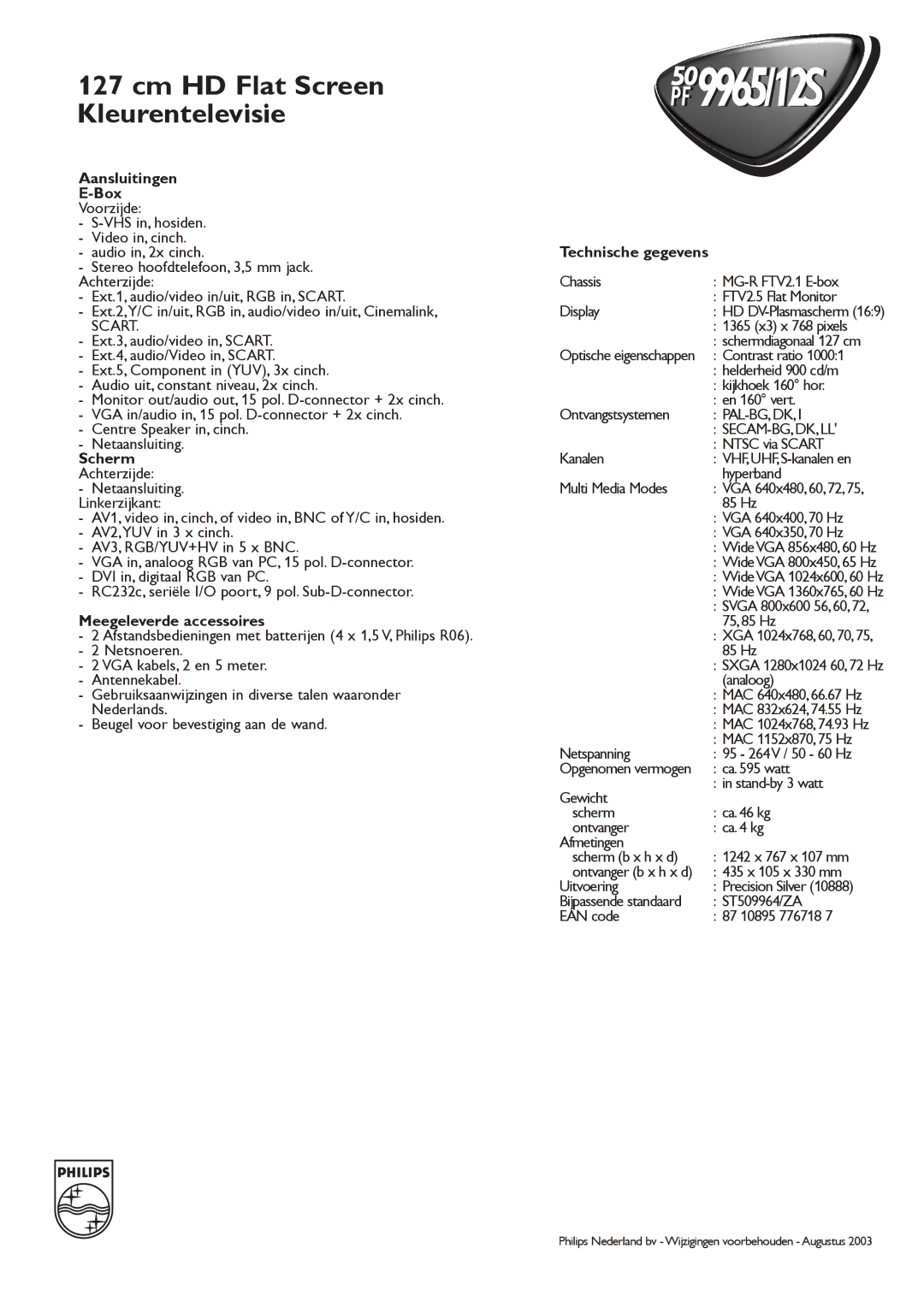 Philips PF 9965/12S50 manual Aansluitingen Box, Scherm, Meegeleverde accessoires 