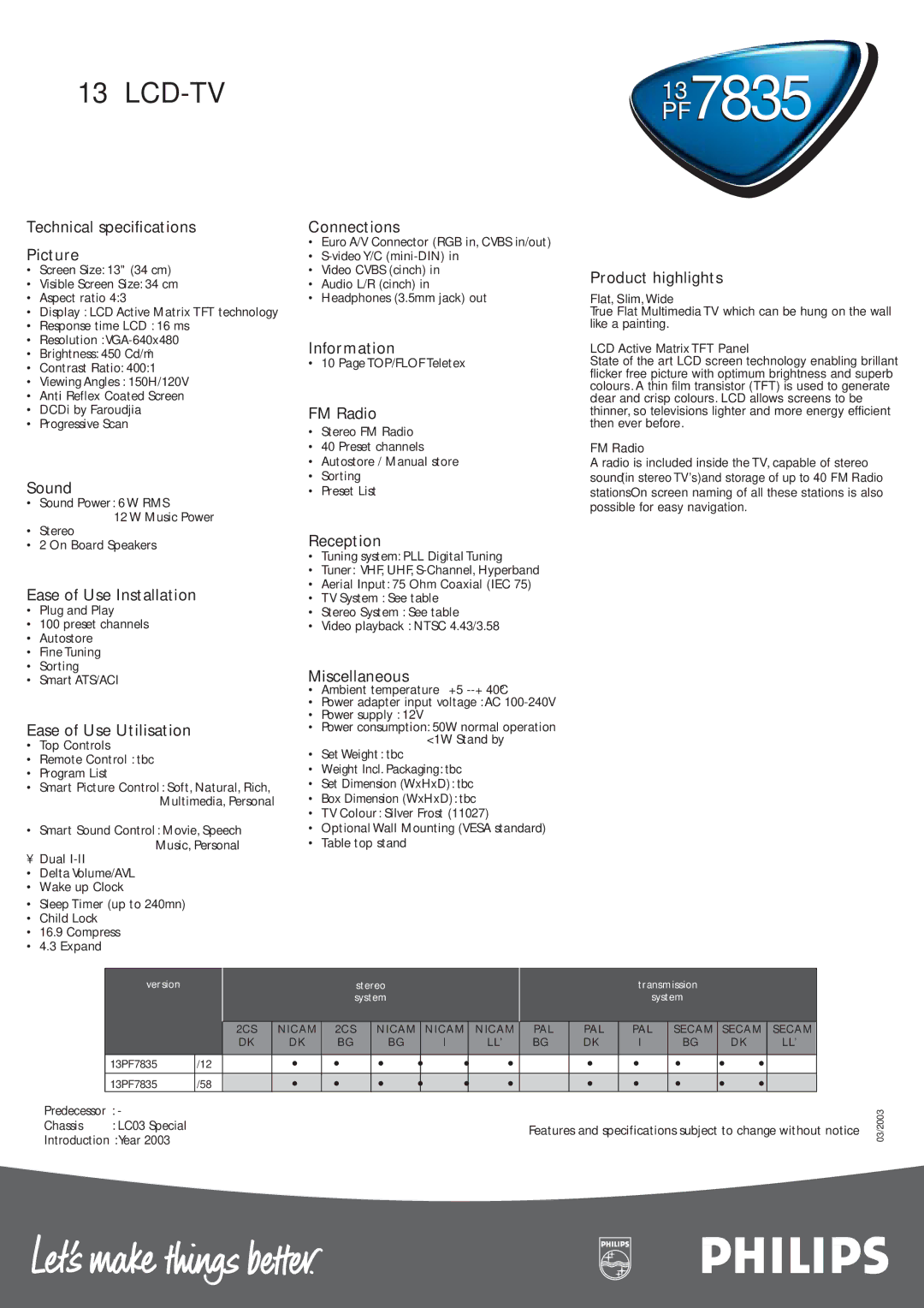 Philips PF7835 Technical specifications Picture, Sound, Ease of Use Installation, Ease of Use Utilisation, Connections 