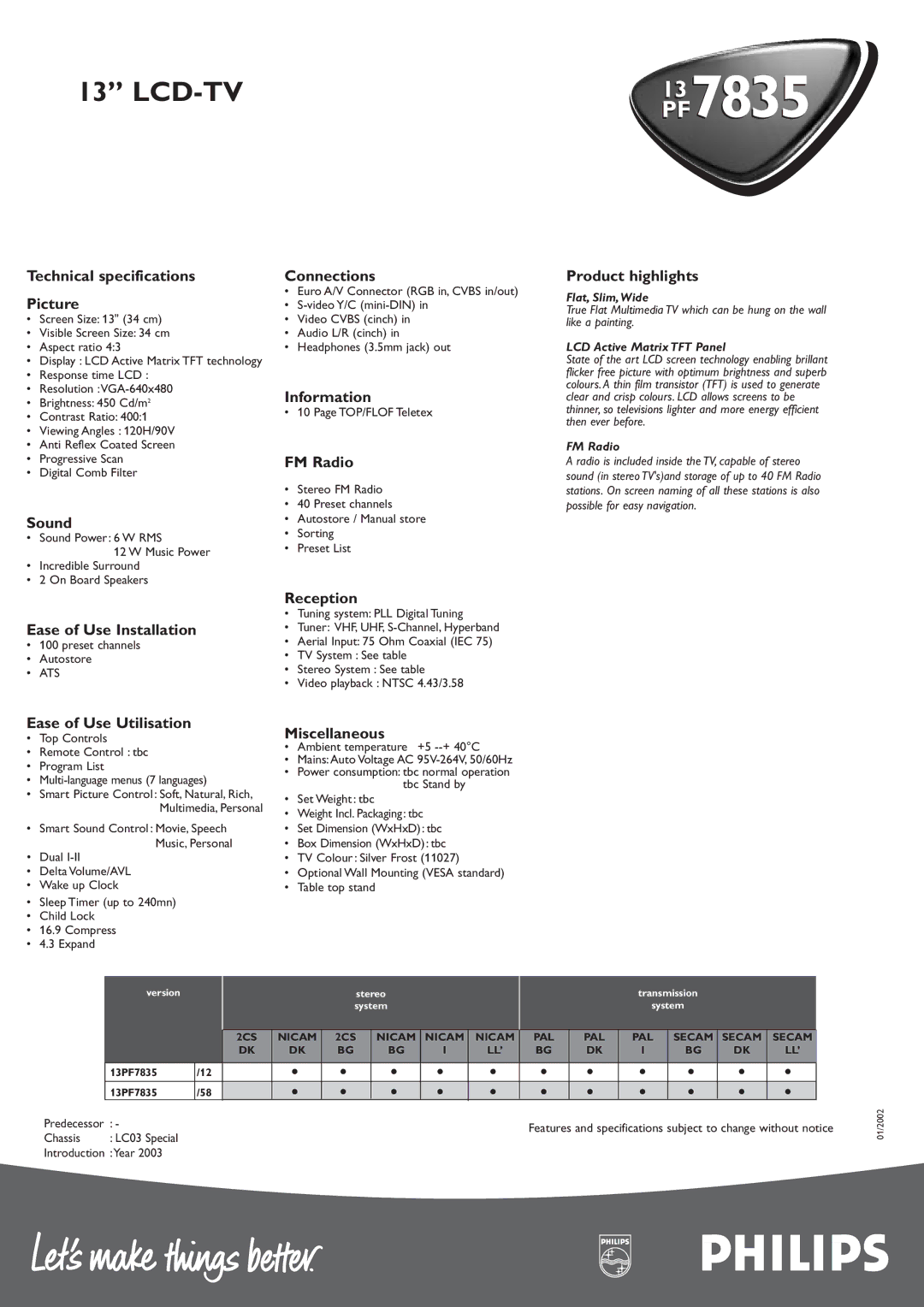 Philips PF783513 Technical specifications Picture, Sound, Ease of Use Installation, Connections, Information, FM Radio 