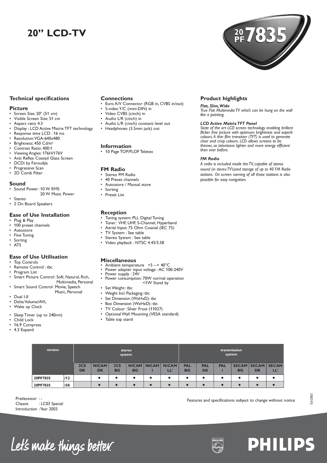 Philips PF783520 Technical specifications Picture, Sound, Ease of Use Installation, Connections, Information, FM Radio 