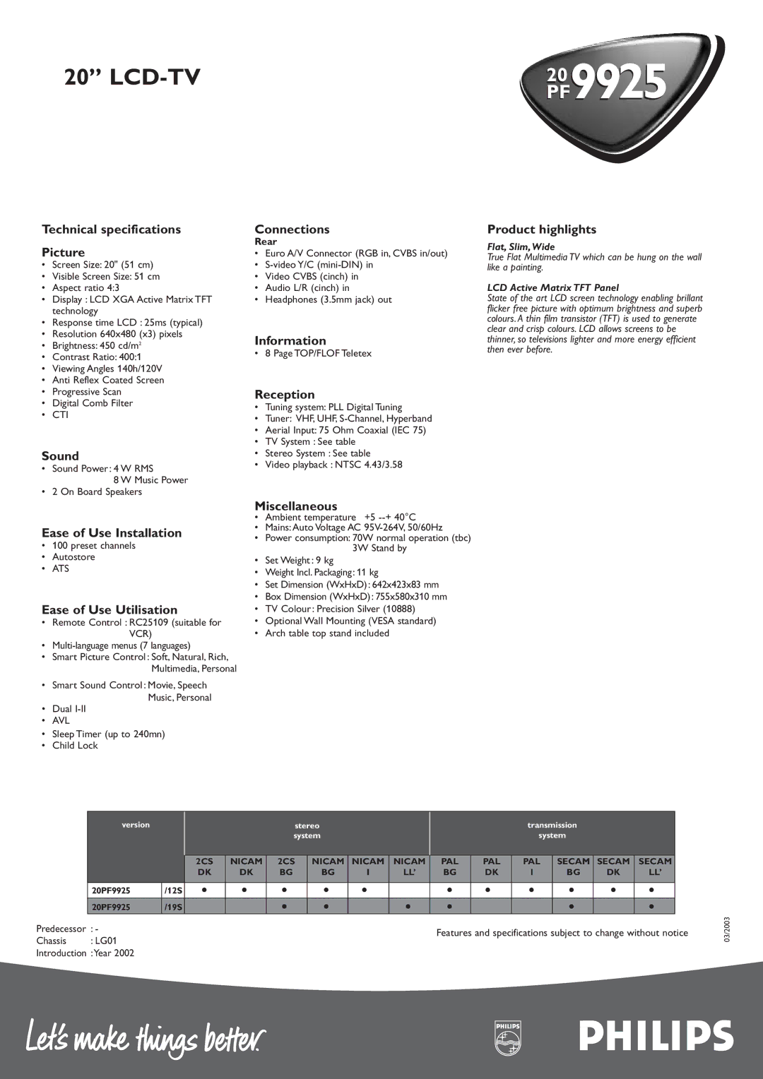 Philips PF992520 manual Technical specifications Picture, Sound, Connections, Information, Reception, Product highlights 