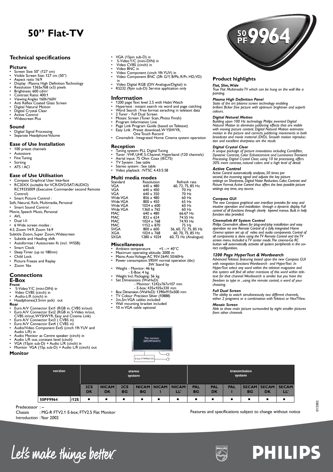 Philips PF9964 manual Technical specifications, Connections Box, Information 