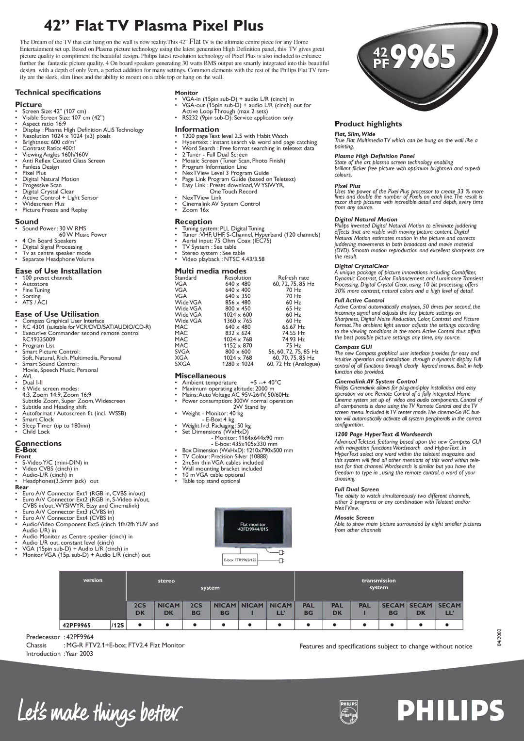 Philips PF996542 Technical specifications Picture, Sound, Ease of Use Installation, Ease of Use Utilisation, Information 