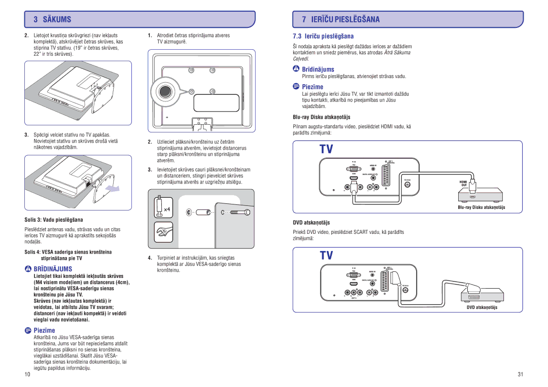 Philips PFL3403D Ierîèu pieslçgðana, Brîdinâjums, Solis 3 Vadu pieslçgðana, Blu-ray Disku atskaòotâjs, DVD atskaòotâjs 