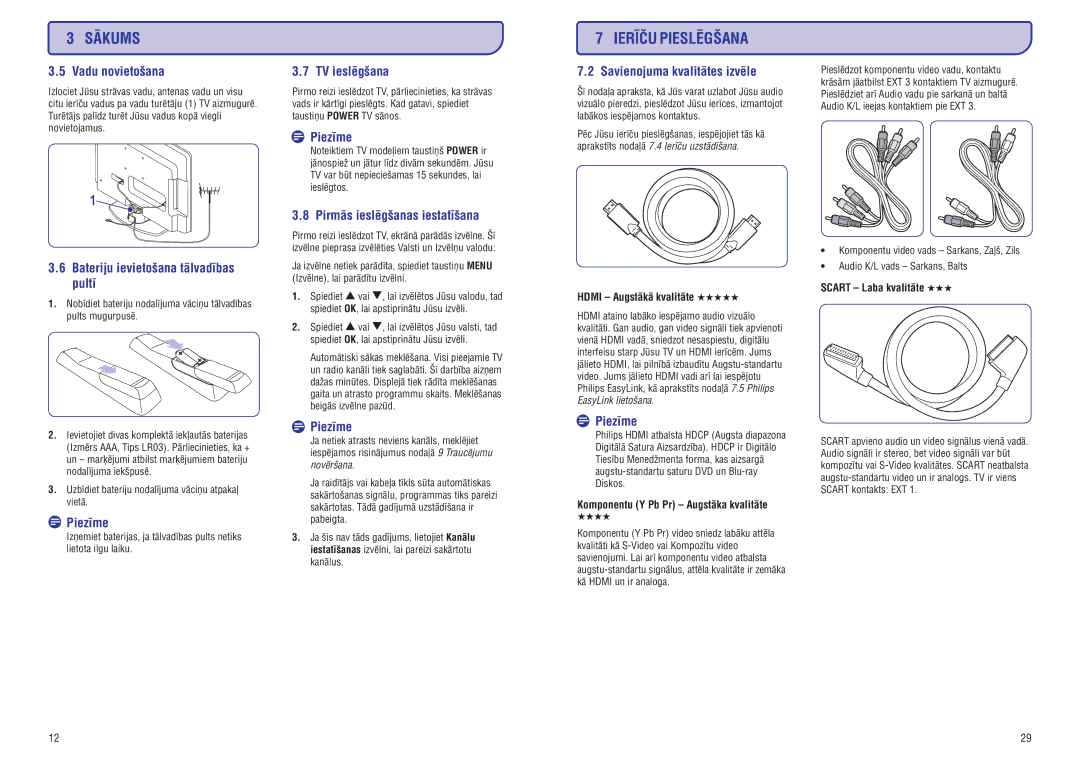 Philips PFL3403D Vadu novietoðana, Bateriju ievietoðana tâlvadîbas pultî, TV ieslçgðana, Savienojuma kvalitâtes izvçle 