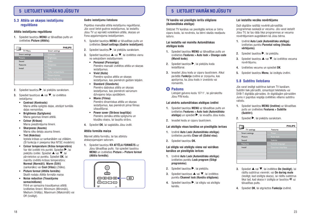 Philips PFL3403D manual Lietojiet Vairâk no Jûsu TV, Attçla un skaòas iestatîjumu regulçðana, Subtitru lietoðana 