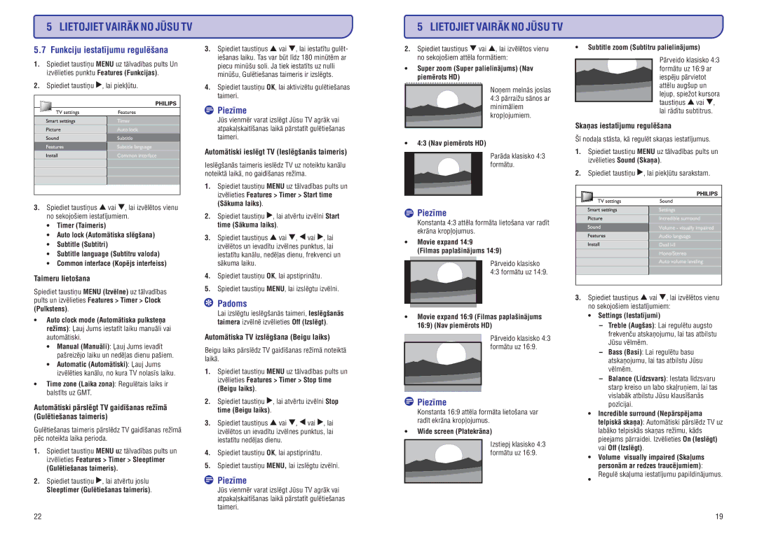 Philips PFL3403D manual Funkciju iestatîjumu regulçðana 