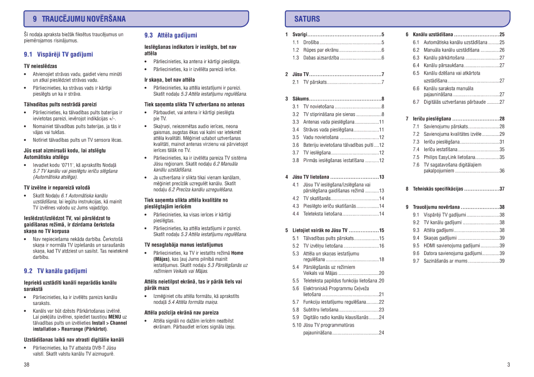 Philips PFL3403D manual Saturs, Vispârçji TV gadîjumi, TV kanâlu gadîjumi, Attçla gadîjumi 