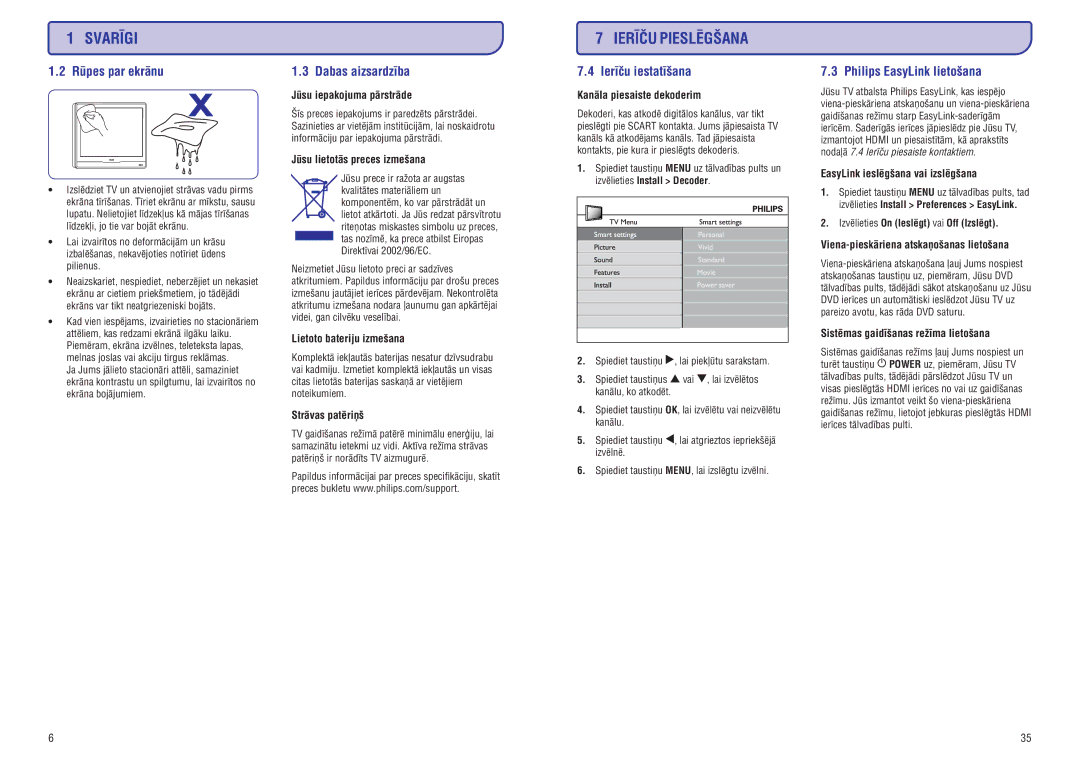 Philips PFL3403D manual Rûpes par ekrânu, Dabas aizsardzîba, Ierîèu iestatîðana, Philips EasyLink lietoðana 