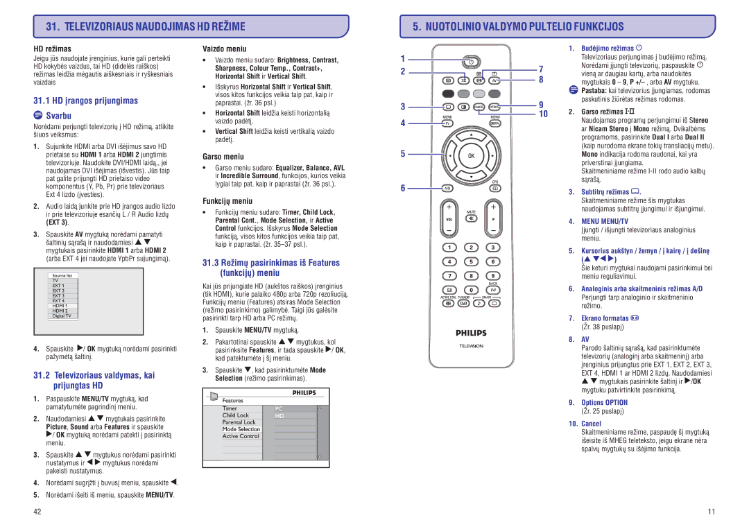 Philips PFL3512 manual 31.1 HD árangos prijungimas, Televizoriaus valdymas, kai prijungtas HD 