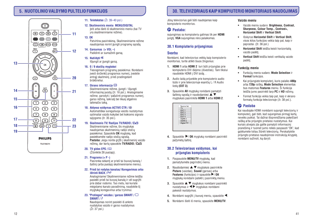 Philips PFL3512 manual Nuotolinio Valdymo Pultelio Funkcijos, Kompiuterio prijungimas Svarbu 