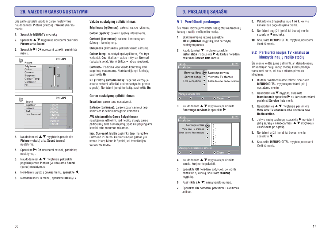 Philips PFL3512 manual Vaizdo IR Garso Nustatymai, Equalizer garso tono nustatymui, Radio station 