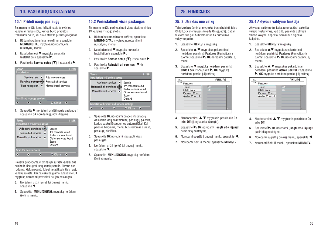 Philips PFL3512 manual Paslaugø Nustatymai, Funkcijos 