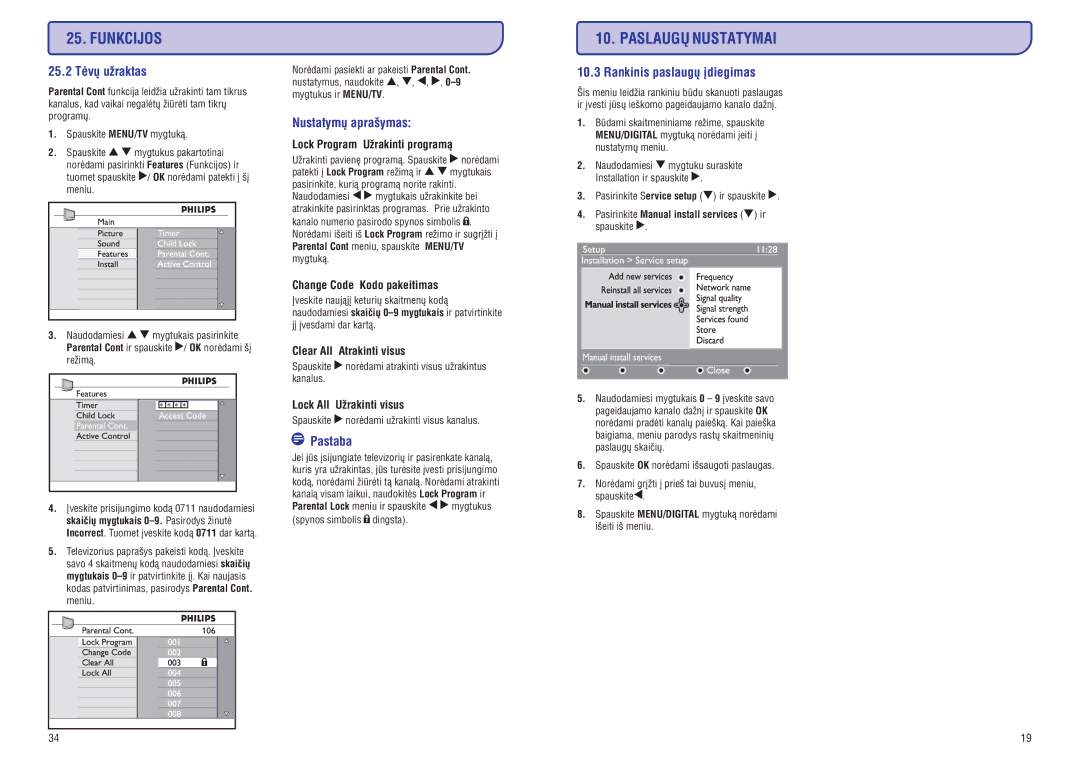 Philips PFL3512 manual 25.2 Tëvø uþraktas, Nustatymø apraðymas, Rankinis paslaugø ádiegimas 