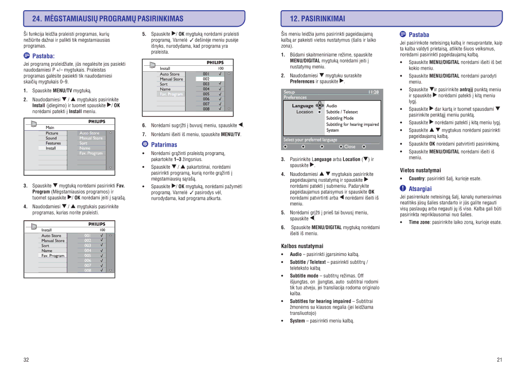 Philips PFL3512 manual 24. Mëgstamiausiø Programø Pasirinkimas Pasirinkimai, Kalbos nustatymai, Vietos nustatymai 