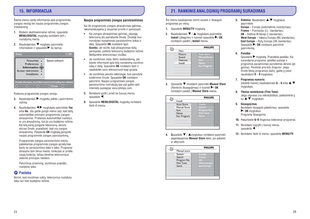 Philips PFL3512 manual Informacija Rankinis Analoginiø Programø Suradimas, Naujos programinës árangos parsisiuntimas 