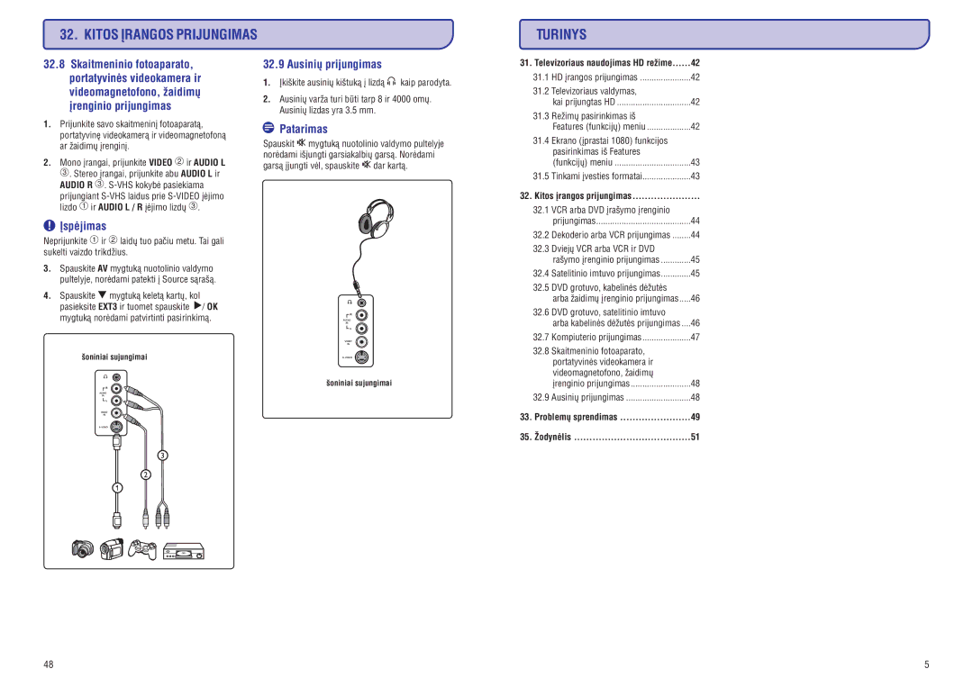 Philips PFL3512 manual Kitos Árangos Prijungimas, Áspëjimas, Ausiniø prijungimas, Patarimas, 35. Þodynëlis 