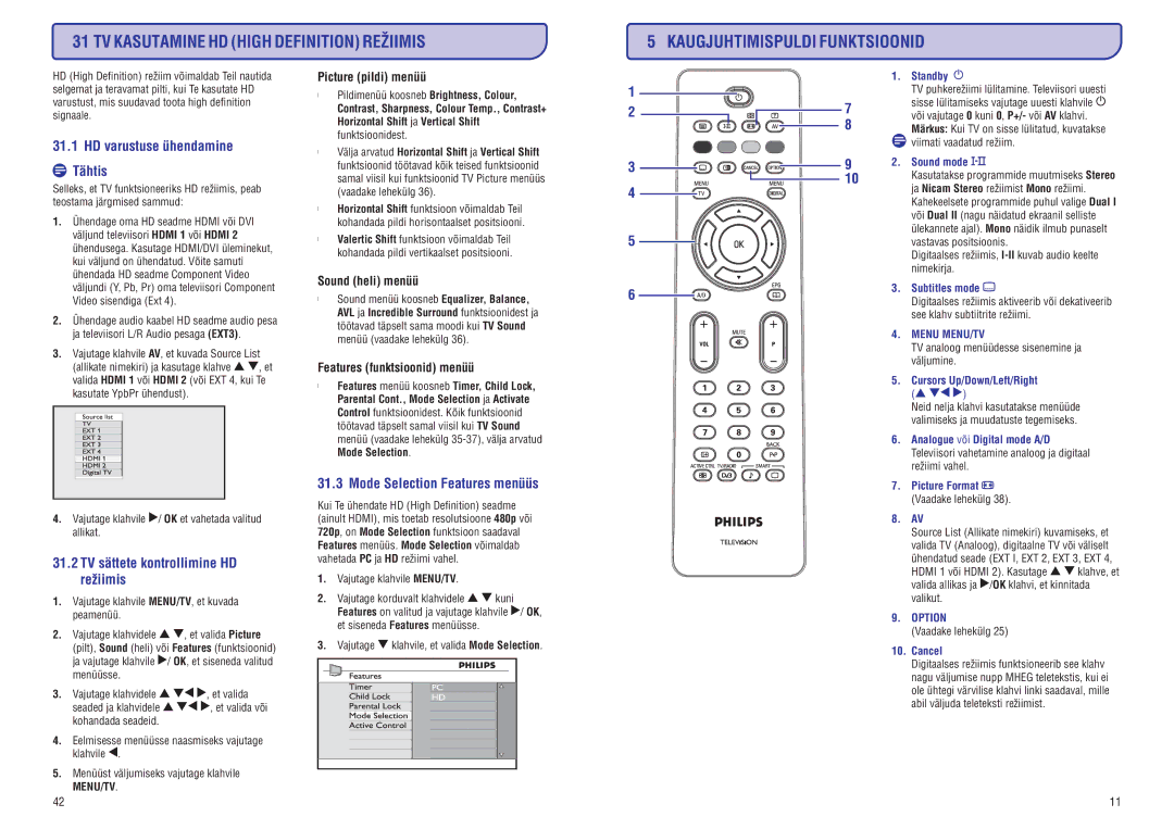 Philips PFL3512 manual HD varustuse ühendamine Tähtis, TV sättete kontrollimine HD reþiimis, Mode Selection Features menüüs 