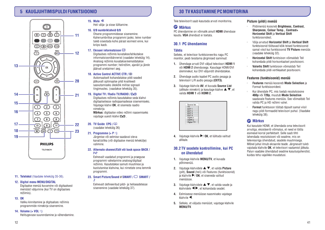 Philips PFL3512 TV Kasutamine PC Monitorina, 30.1 PC ühendamine, TV seadete kontrollimine, kui PC on ühendatud, Tähtis 
