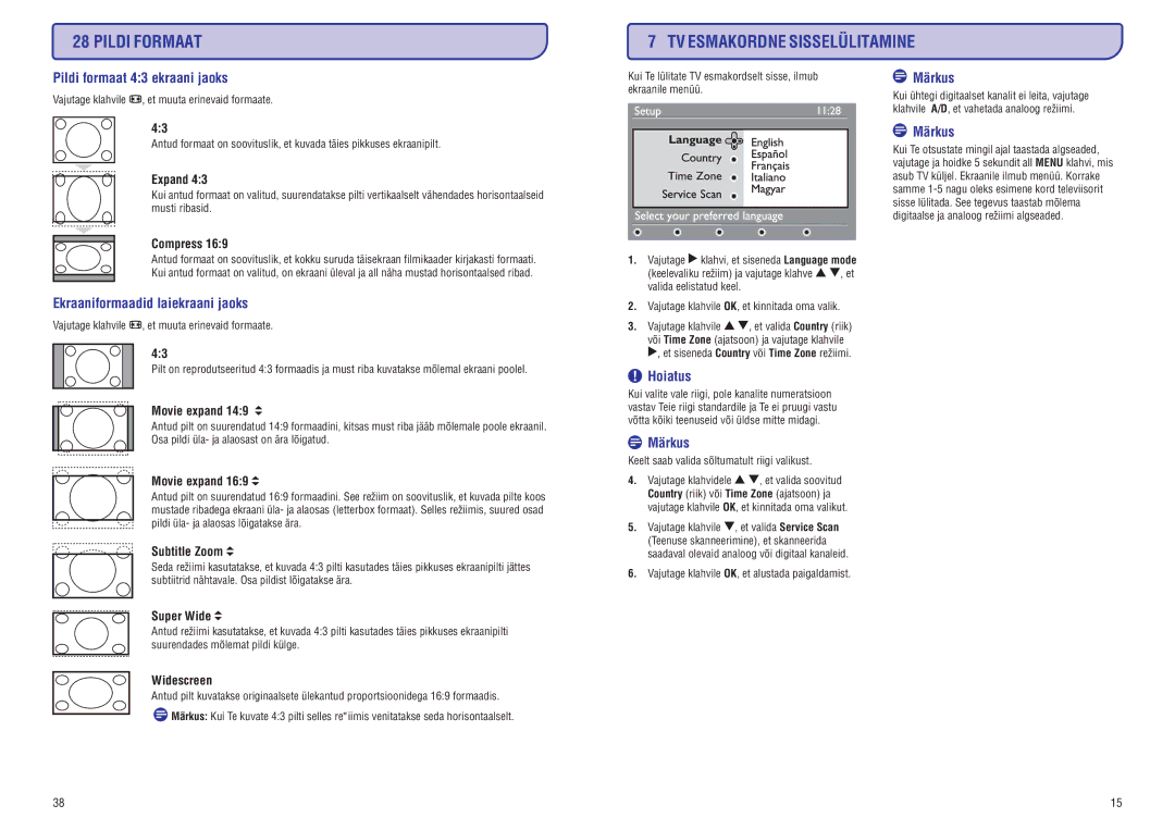 Philips PFL3512 manual Pildi Formaat TV Esmakordne Sisselülitamine, Pildi formaat 43 ekraani jaoks 