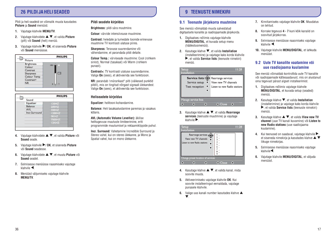 Philips PFL3512 manual Pildi JA Heli Seaded, Teenuste Nimekiri, Teenuste järjekorra muutmine 