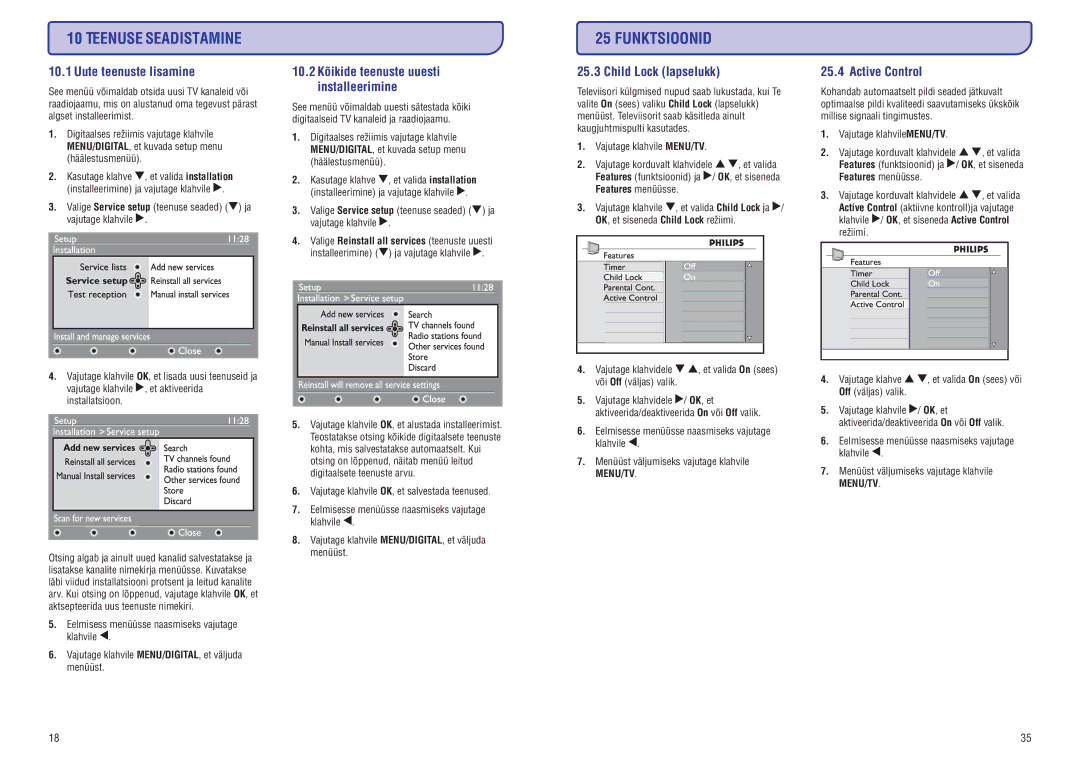 Philips PFL3512 manual Teenuse Seadistamine, Funktsioonid, Uute teenuste lisamine, Child Lock lapselukk, Active Control 